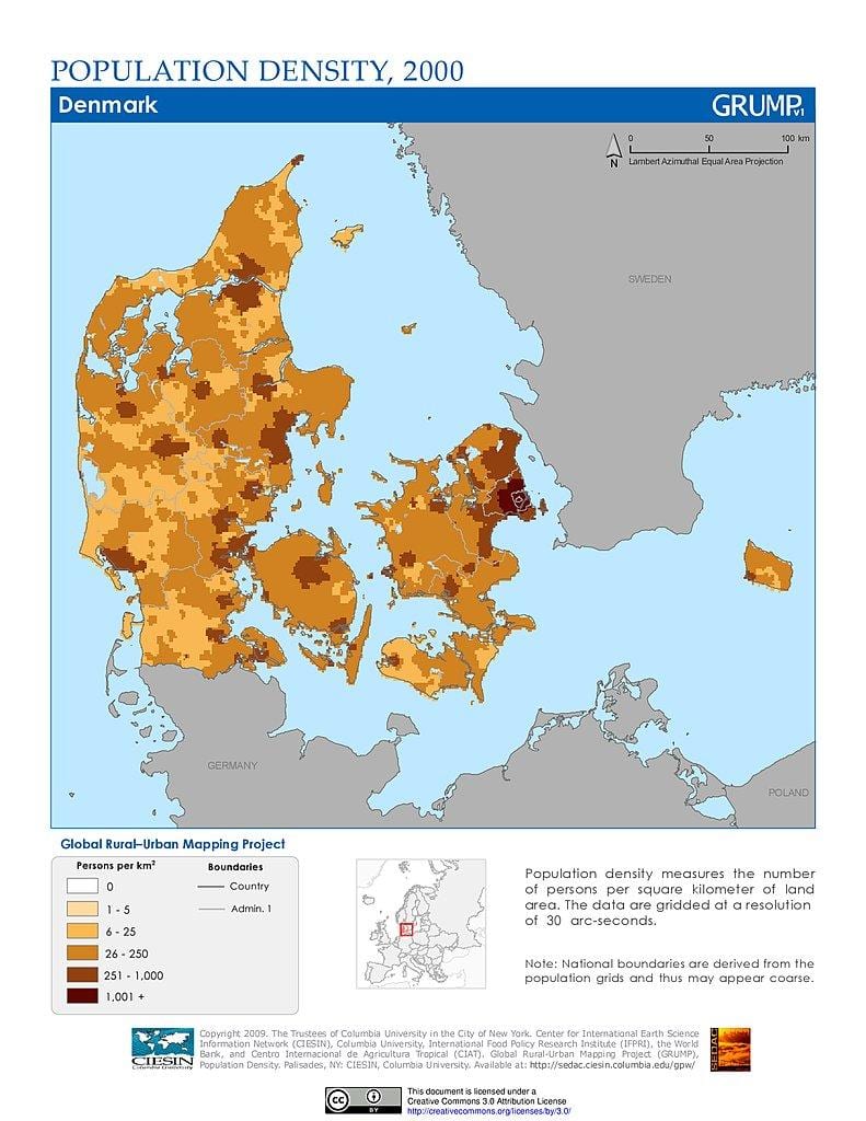 danmark befolkningstetthet kart