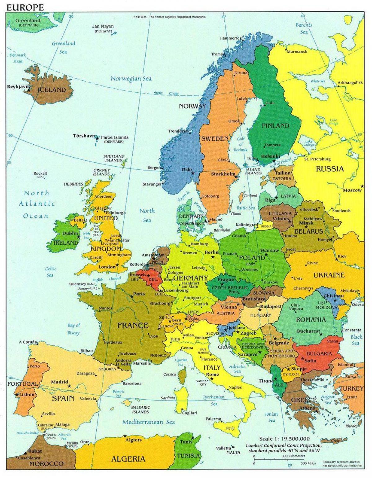 kart over europa som viser danmark